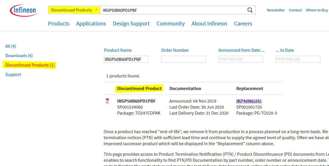 IRGP50B60PD1PBF Discontinued RD 1